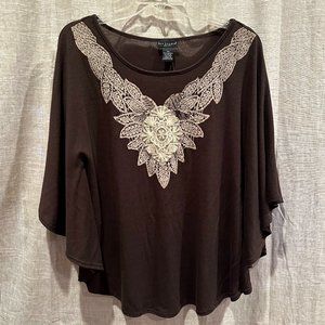 NWT Bay Studio Embroidered Brown Batwing Sleeve Poncho-Style Top Petite Medium